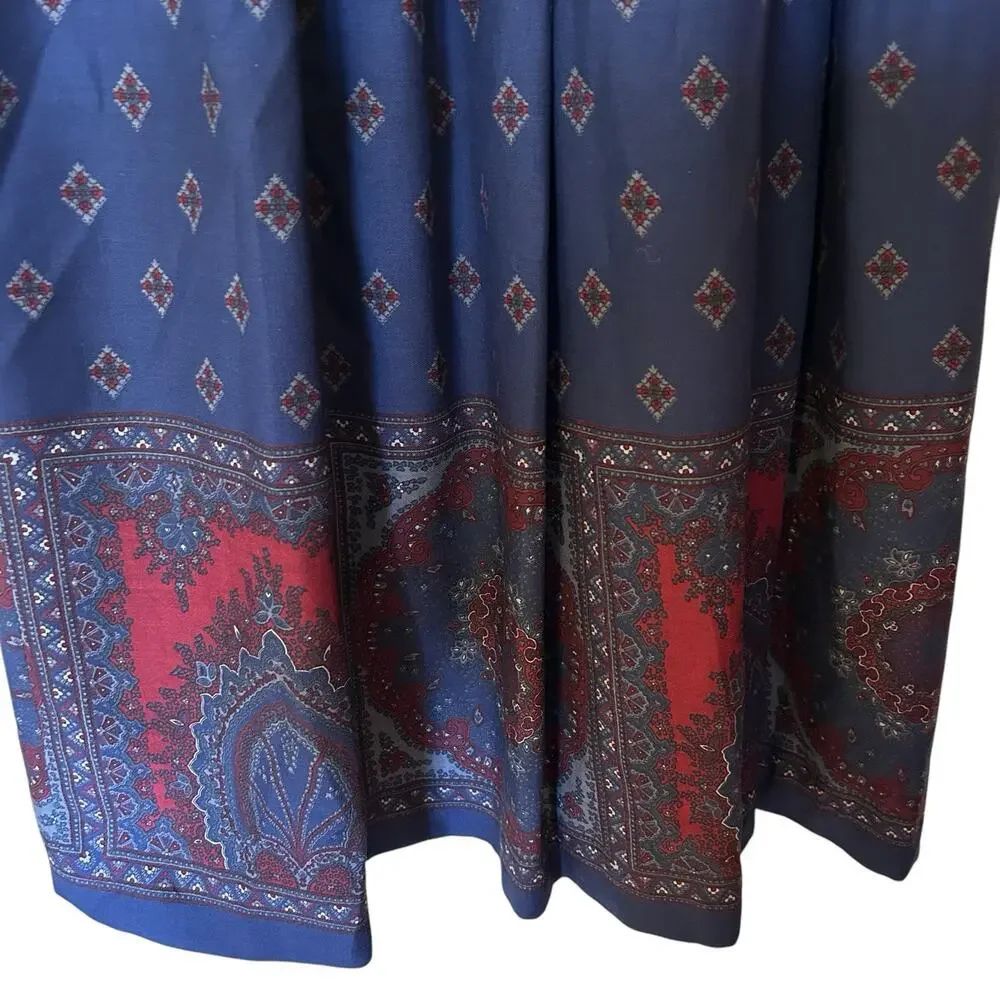 Vintage Talbots Paisley Geometric 100% Wool Navy/Burgundy Midi A-Line Skirt 10